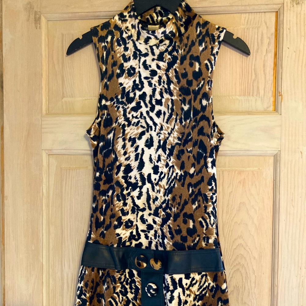 Vintage Y2K leopard print velvet mini dress with faux leather detail
